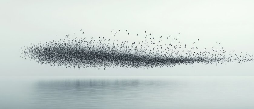 A murmuration of birds forms an intricate pattern over calm waters, symbolizing unity and the beauty of nature's choreography.