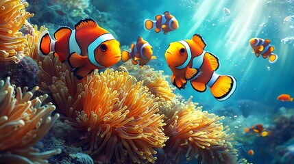 Clownfish in coral reef, underwater, vibrant scene, beautiful marine life, nature
