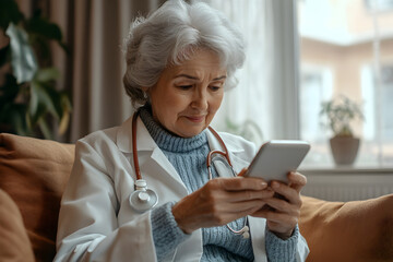 Aged female general practitioner holding modern smart phone in hands, doctor working on-line, making calls, checking schedule, jotting information, takes notes