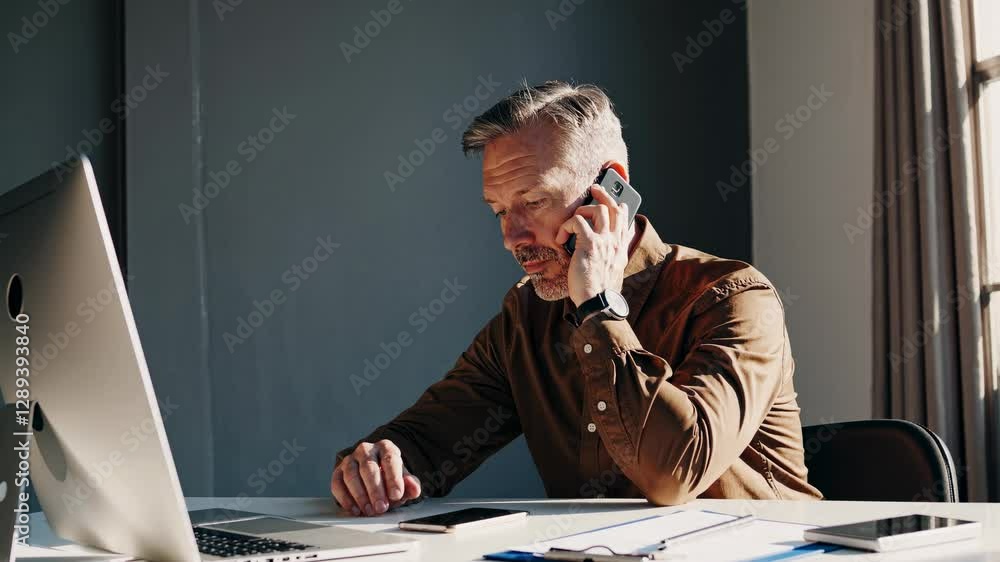 Poster a man in a brown shirt talks on the phone at a desk with a computer. side angle captures a professio