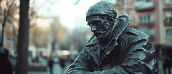 A weathered bronze statue of a man in deep thought stands against an urban backdrop, capturing the essence of contemplation in a modern city.