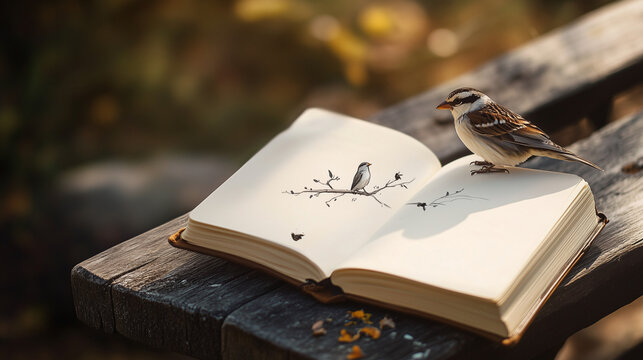 A small sparrow perched on an open nature journal with bird sketches, representing birdwatching and citizen science