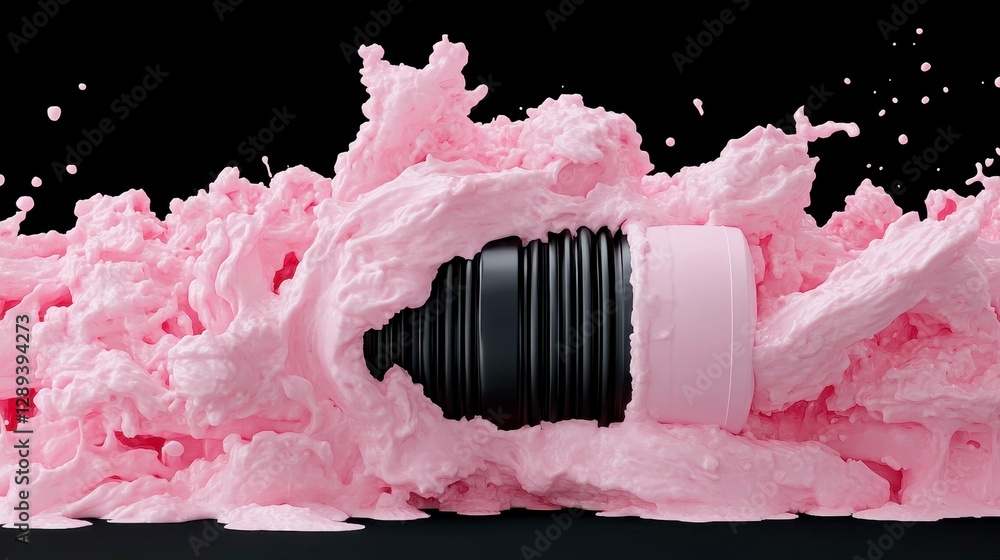 Poster a dynamic burst of pink foam enveloping a black container against a stark background, creating a cap