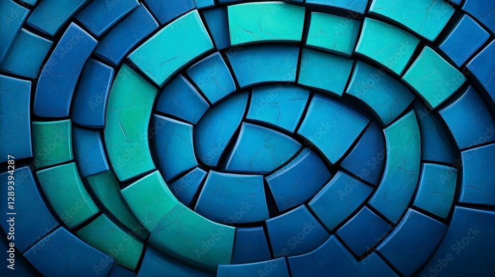 Poster intricate spiral pattern of blue and green tiles creating a soothing, textured visual effect and inv