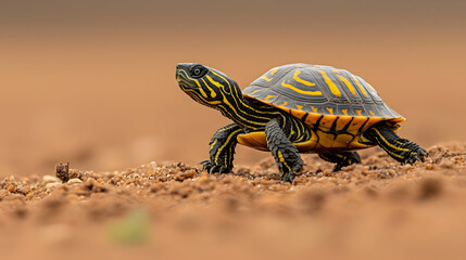 Obraz premium Baby turtle walking on dry ground, blurred background, wildlife habitat, nature conservation