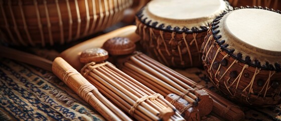 Array of handcrafted percussion instruments on a woven mat, reflecting the rich cultural heritage and vibrant history they embody.