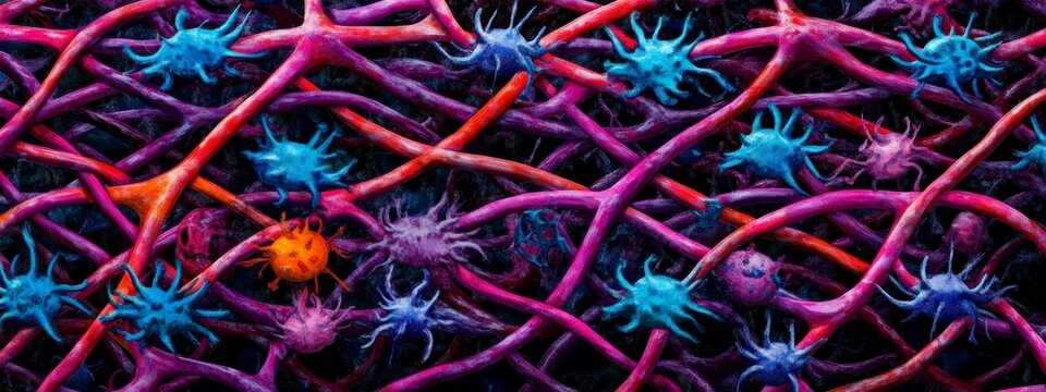 Intricate network of vibrant neurons and glial cells showcasing the complexity of neural pathways in the human brain.