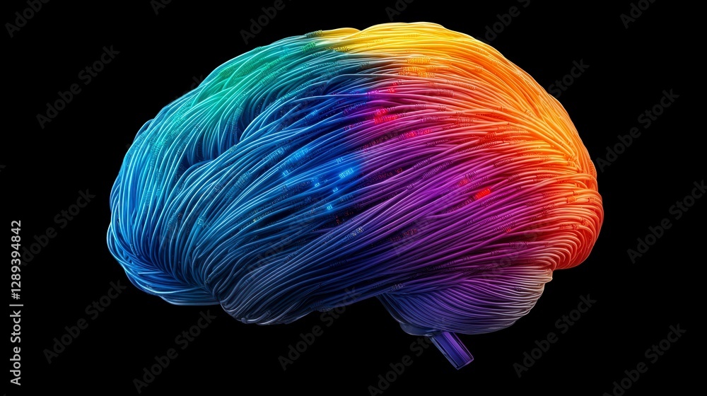 Aufkleber an abstract representation of a colorful brain highlighting neural connections and creativity in a d