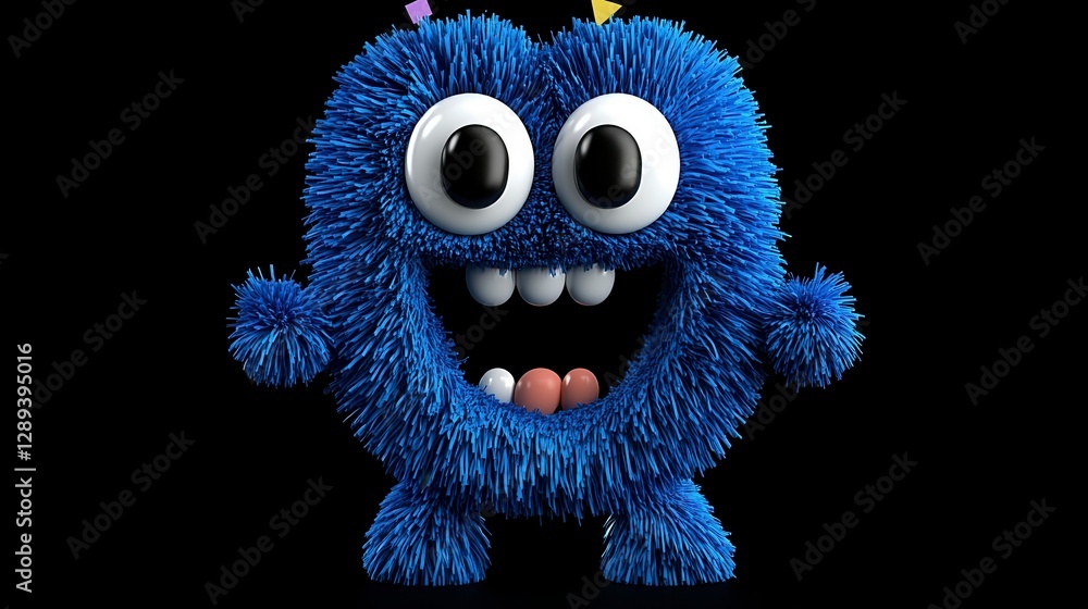 Poster a playful, vibrant blue monster character with soft, fuzzy texture and expressive features suitable 