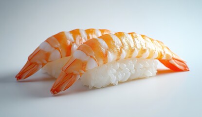 Fresh succulent shrimp sushi on white background, featuring delicate shrimp atop fluffy rice, perfect for culinary and food photography projects