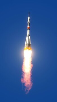 Carrier Rocket Takes Off In Blue Sky. Vertical. 3D Animation. 4K.