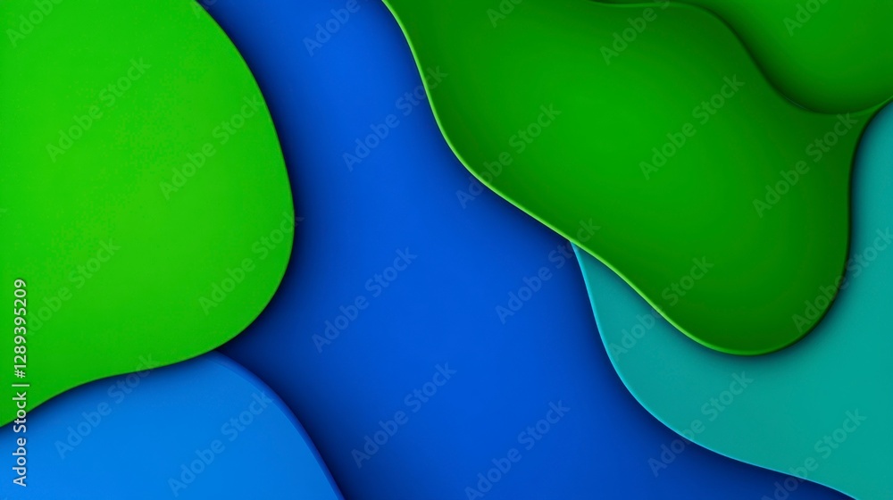 Poster abstract layered design featuring flowing curves in green and blue shades, creating a vibrant and mo