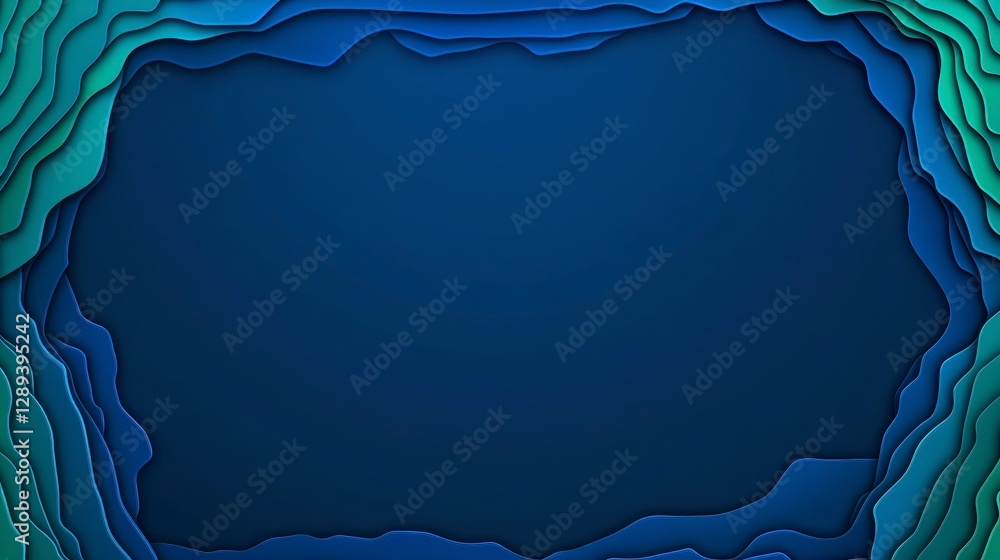 Poster abstract layered paper background in shades of blue and green with a central open space for text or 