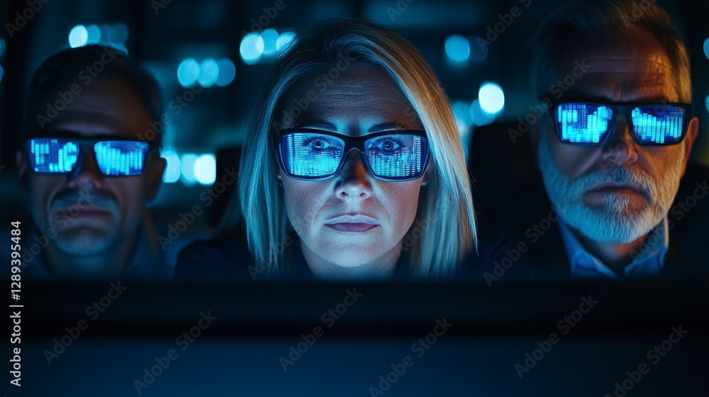 Poster group of focused professionals in futuristic glasses analyzing digital data on screens in a high-tec