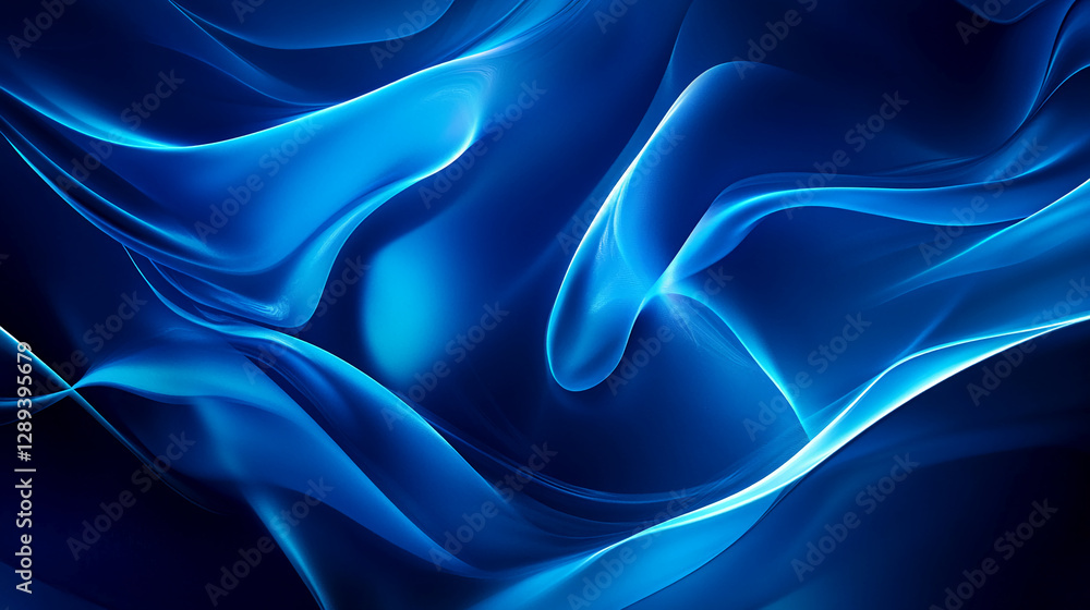 Poster abstract blue fluid waves with glowing highlights and smooth curves, symbolizing energy, movement, a