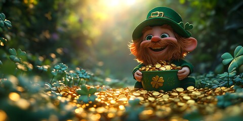 Leprechaun in Green Holding Pot of Gold in Sunlit Greenery