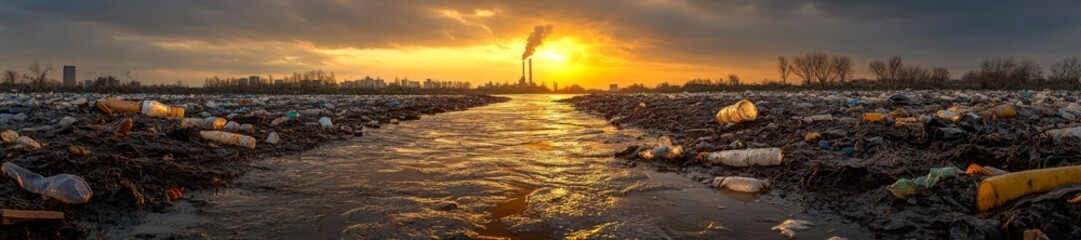 Industrial Waste Piling Up on a Riverbank with Toxic Pollution. Generative AI