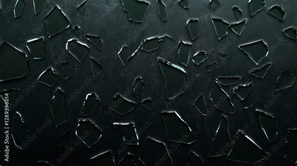 Poster abstract close-up of shattered glass fragments on a textured dark surface creating an intriguing vis