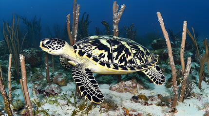 Obraz premium Hawksbill Turtle Swimming Coral Reef Caribbean Ocean Underwater Wildlife