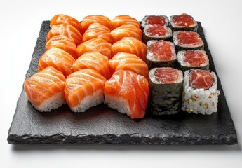 Fresh Sushi on a Slate Platter Featuring Salmon Nigiri and Tuna Rolls with Vibrant Colors Highlighting the Art of Japanese Cuisine