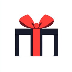 Minimalist modern flat style icon of a small gift box, bold ribbon contrast, centered on white background 