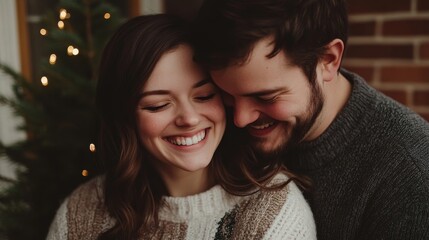 Fototapeta premium A Smiling Couple Celebrating Together Next to a Christmas Tree