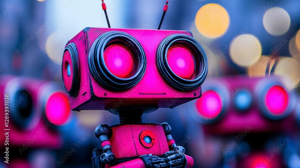 Poster a playful and vibrant robot character with bright pink features and oversized expressive eyes in a w