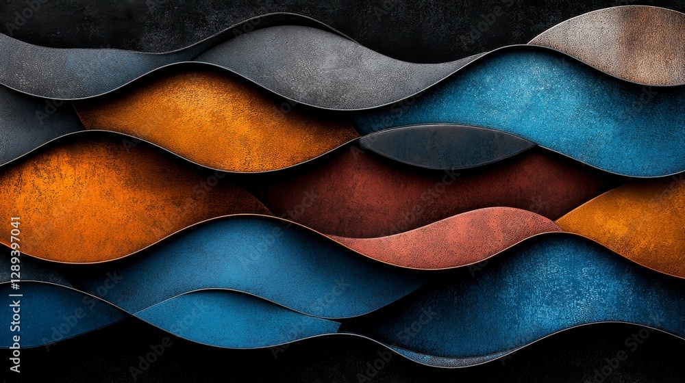 Poster abstract wavy texture design featuring a blend of vibrant colors and metallic finishes, creating a d