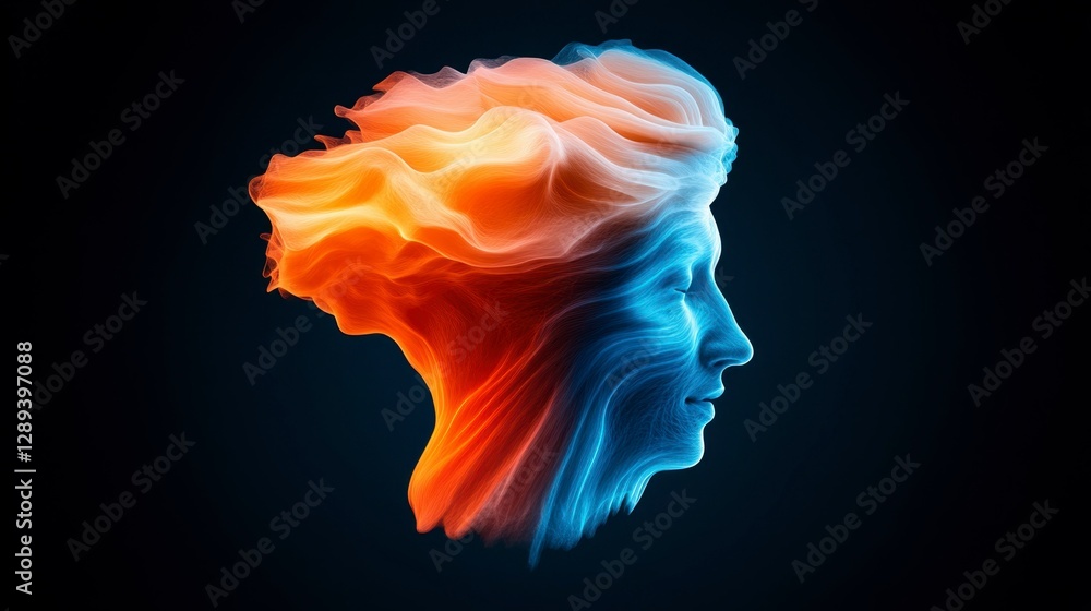 Poster abstract representation of a human head in vibrant colors symbolizing emotion and creativity with fl