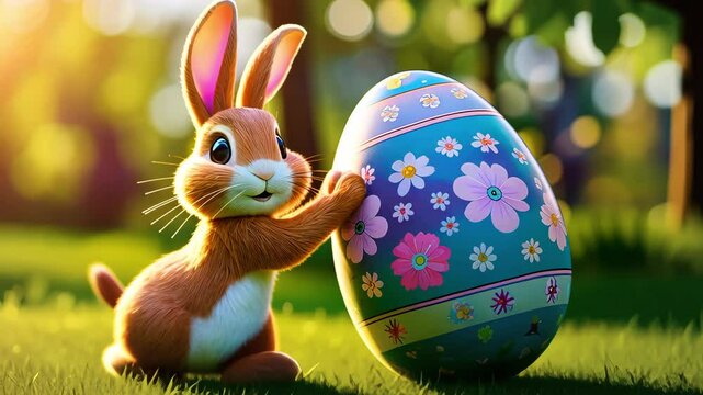 Cute Easter bunny running with a big decorated egg on a green meadow. Happy Easter greetings, children's party.Easter egg hunt.Easter concept.