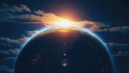 Obraz premium Abstract planet earth is in outer space among stars and sunlight