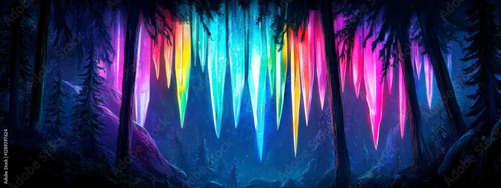 Poster a mesmerizing display of colorful lights hanging in a mystical forest setting under a starry night s