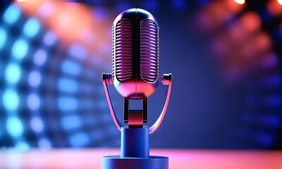 A retro-style microphone standing under bright stage lights, ready for a performance. Concept of music and entertainment