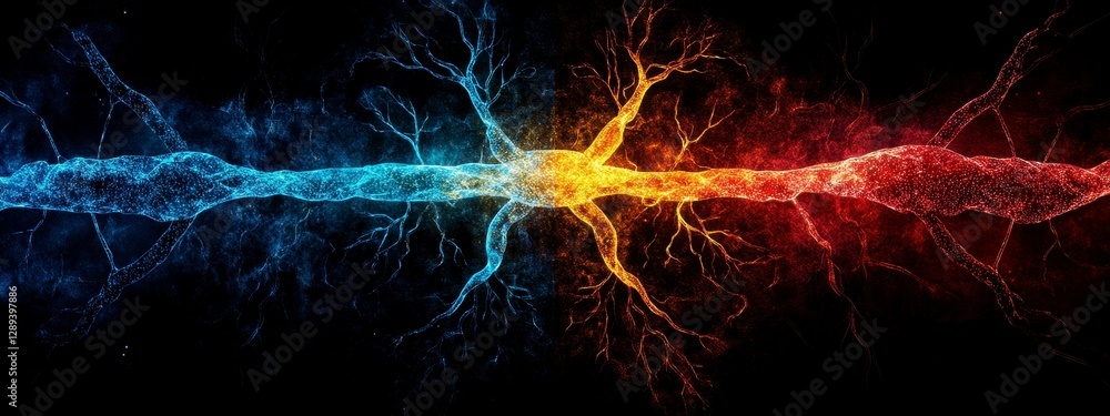 Poster a stunning visual representation of interconnected neural pathways in vibrant colors depicting energ