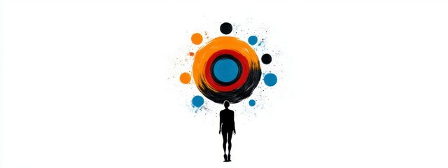 Obraz premium Silhouette of a person standing before a radiant circle of vibrant colors, representing creativity and exploration in an abstract art setting.