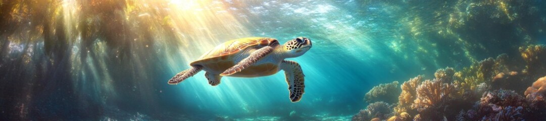 Fototapeta premium A magnificent sea turtle swimming through a vibrant coral reef under sunlight. Generative AI