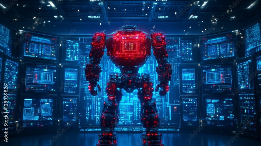 Poster futuristic robotic figure stands in a high-tech control room surrounded by glowing screens and data 