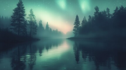 A misty lake reflecting the stars and northern lights beautifully