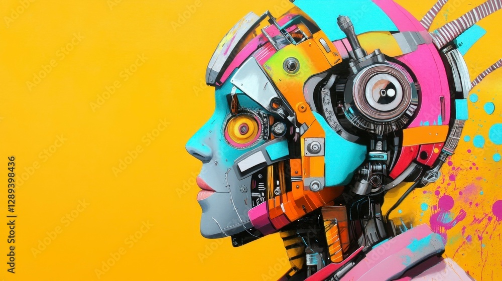Poster modern artistic representation of a futuristic robot with intricate mechanical details and vibrant c