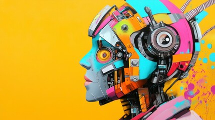 Modern artistic representation of a futuristic robot with intricate mechanical details and vibrant colors against a bright yellow backdrop