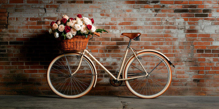 Vintage bicycle with a wicker basket full of roses against a rustic brick wall. The soft beige tones of the bike contrast with the rich reds and whites of the flowers, creating a romantic and nostalgi - Powered by Adobe