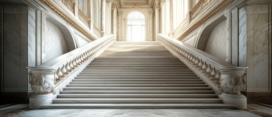 Fototapeta premium Ornate marble staircase illuminated by sunlight, conveying grandeur and timeless elegance in its architectural beauty.
