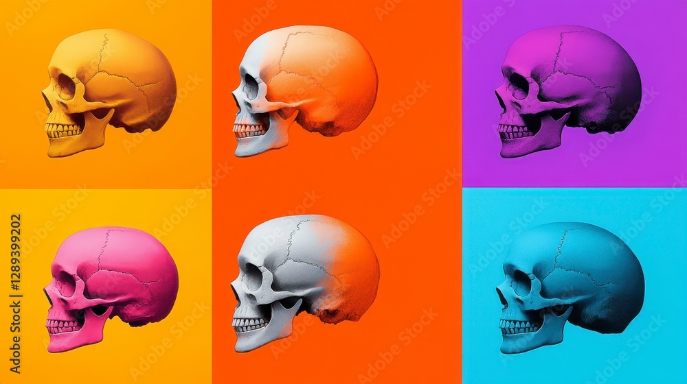 Poster colorful artistic representation of human skulls arranged in a grid pattern on vibrant backgrounds h