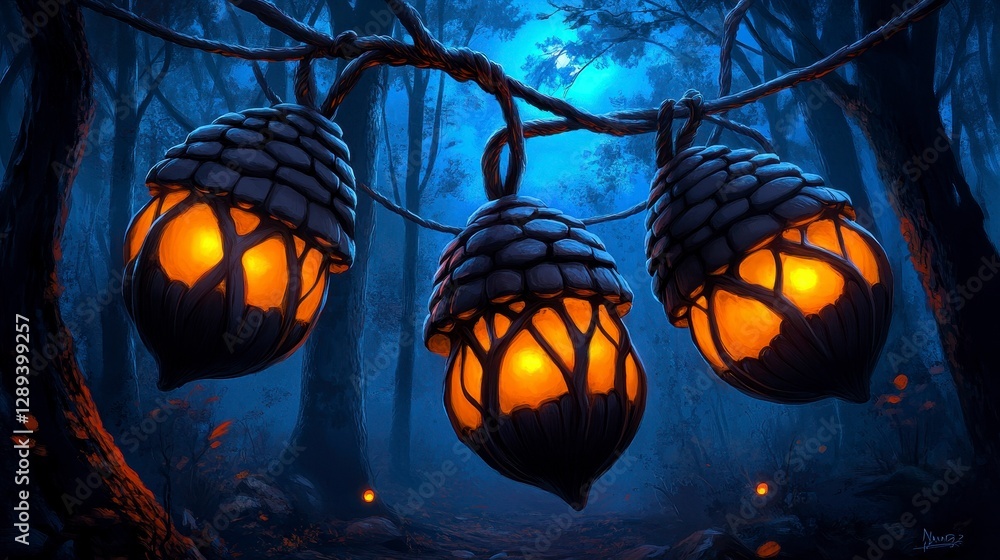 Poster three enchanting lanterns made from acorns illuminating a mystical forest path at dusk