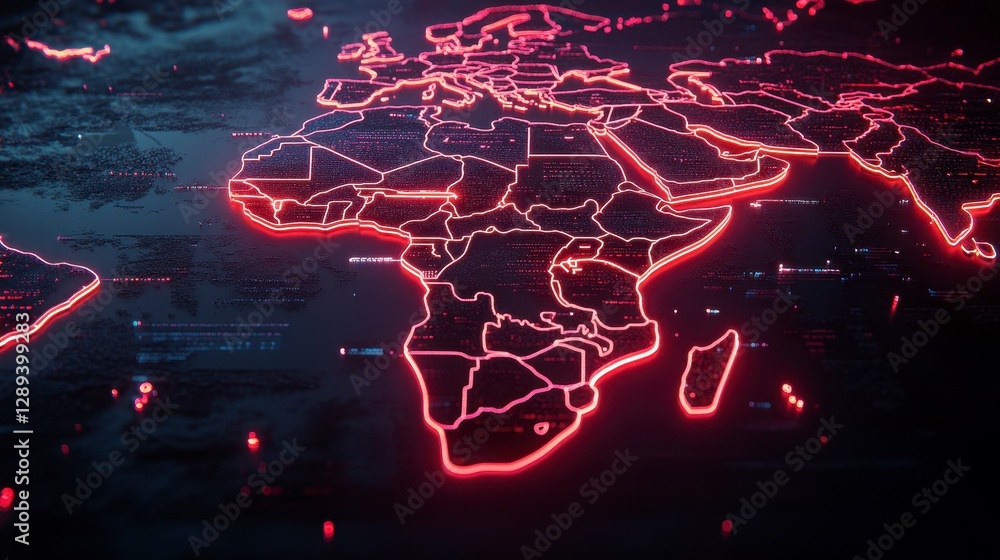 Poster futuristic glowing map of africa illuminated with neon red lines showcasing geographical borders and
