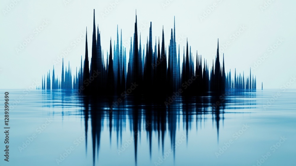 Poster an abstract representation of sound waves rising from a tranquil water surface, creating a striking 