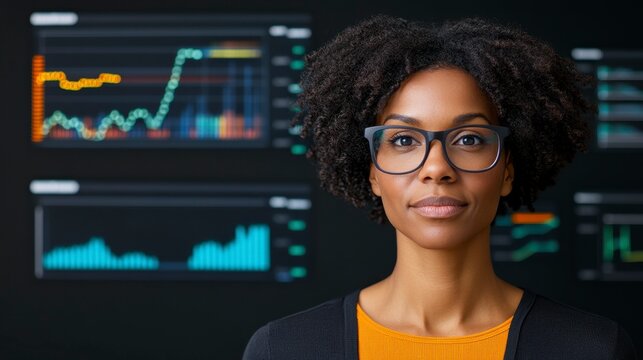 Confident businesswoman in front of digital financial data displays in a modern office environment demonstrating analytical skills