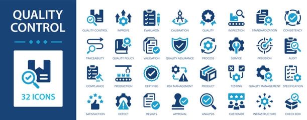 Quality control vector icon set. Quality assurance, inspection, certificate, quality check, improve, evaluation, traceability.
