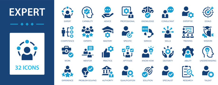 Expert vector icon set. Competence, skill, expertise, specialist, capability, advice, mastery, mentors.
