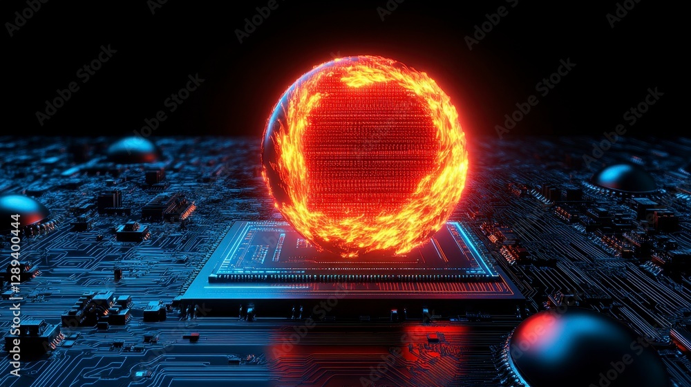 Poster a futuristic digital core radiates energy above a circuit board, symbolizing the intersection of tec